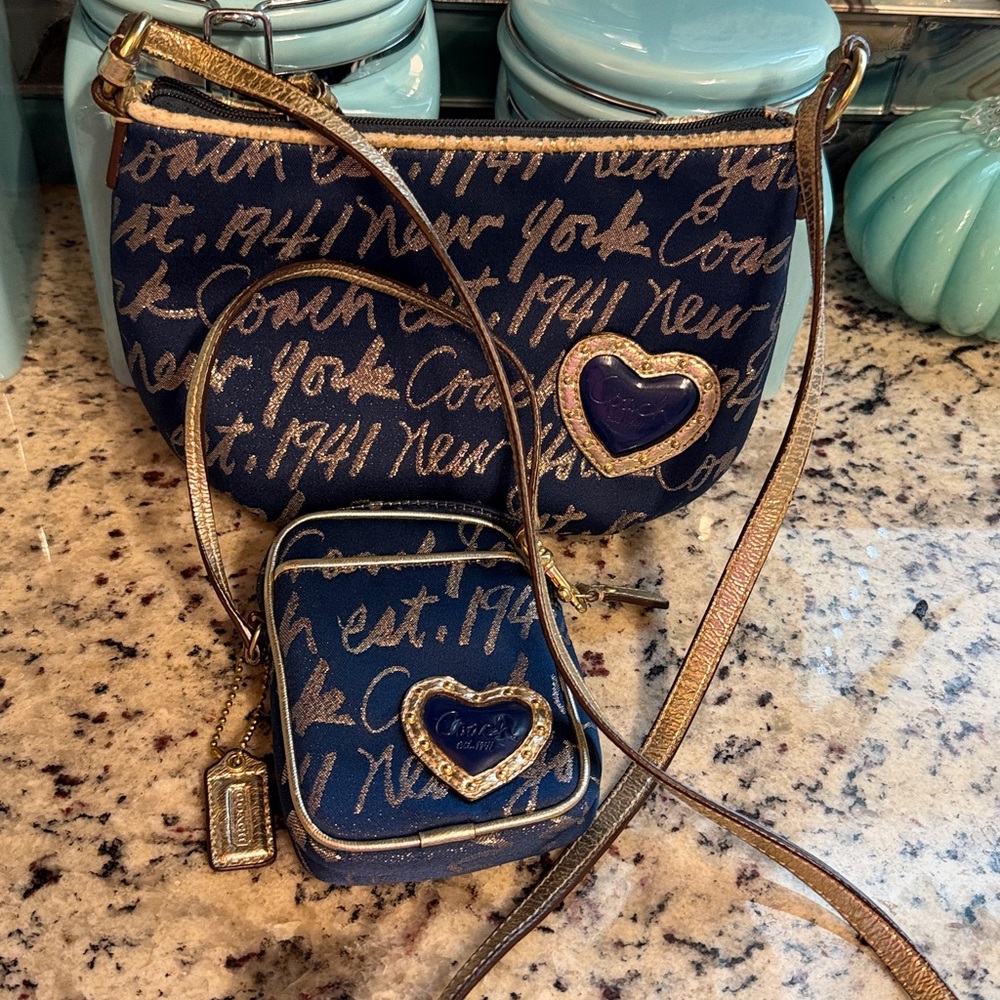 Coach Poppy Signature New York Blue and Gold Crossbody Bag Set